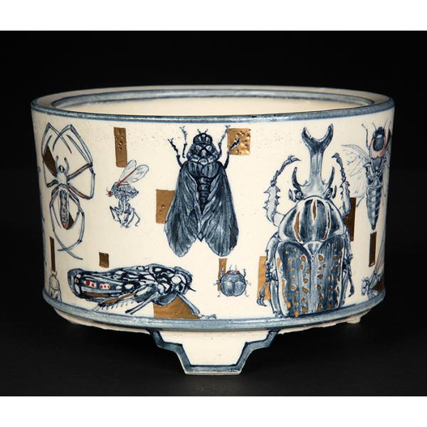 七代渋草柳造染付昆虫図丸鉢 盆栽鉢 鉢 植木鉢 盆器 作家鉢 bonsaipot