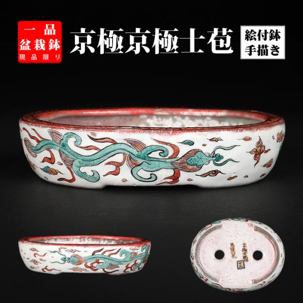 盆栽鉢 京極士苞五彩雨龍図楕円鉢 植木鉢 絵付鉢 色絵 手描き 手造り