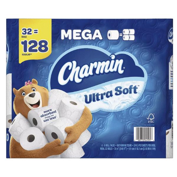 《チャーミン　トイレットペーパー ダブル ウルトラソフト メガロール 8ロール 【244カット/24.6ｍ】　Charmin ultra soft》 9.9ｃｍ幅　２枚重ね 24.6ｍ　レギュラーロールの32ロール分相当のトイレットペーパー...
