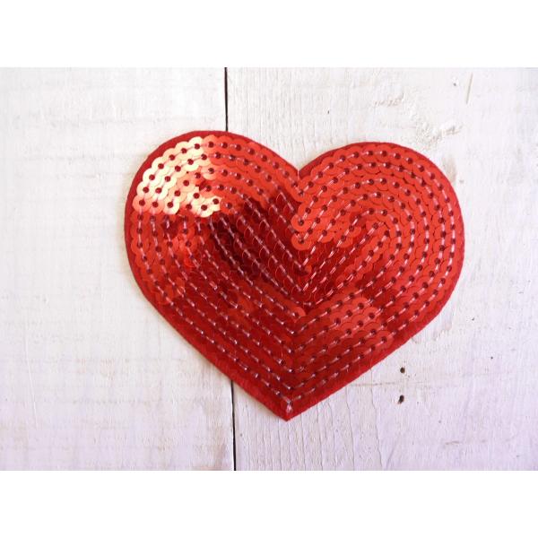 ハート ワッペン スパンコール アイロンワッペン 赤 レッド 1枚 (34