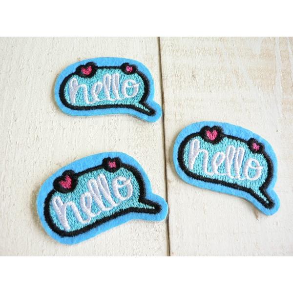 ワッペン Hello! ハロー こんにちは 水色 吹き出し 3枚セット アイロン