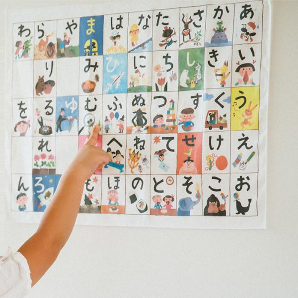 布ポスター☆布だからこそ実現する、アートとナチュラルな質感のコラボ。たたんで保管もできます。「あ」から「ん」までのひらがなが動物や食べ物などのイラストで表現されています。★ポスターとおそろいのかるた付きです。■セット内容：ポスター1枚、かる...