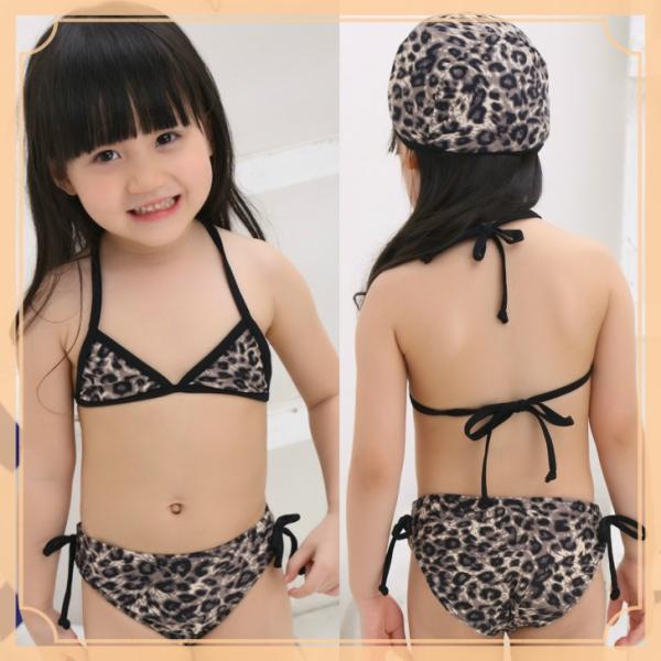 子供水着 黒豹柄ビキニ風3点セット子供水着 キッズ/かわいい/女の子/豹 