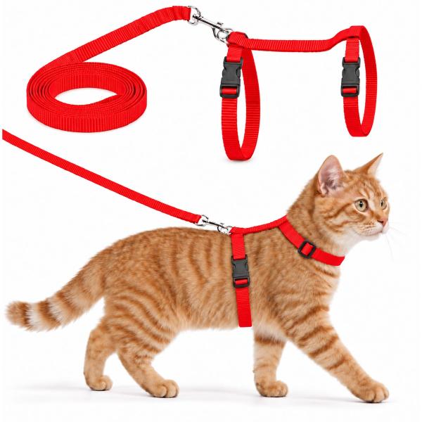 猫 ハーネス リード付き Sサイズ 猫用 胴輪 H型 ワンタッチ 簡単装着 サイズ調整 ナイロン 子猫 小型猫 散歩 お出かけ 通院 レッド オレンジ ブラック 送料無料