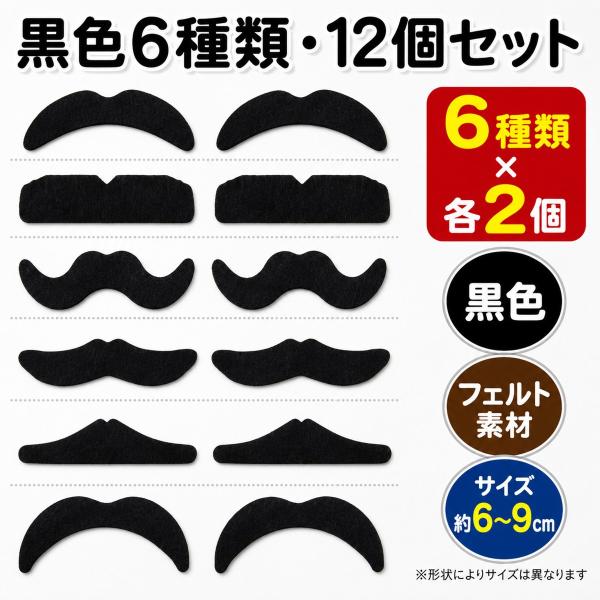 つけひげ 12個セット 黒 6種類 付けひげ ヒゲ 髭 コスプレ 変装 パーティーグッズ 仮装 口髭 ちょび髭 余興 忘年会 新年会 ハロウィン 送料無料
