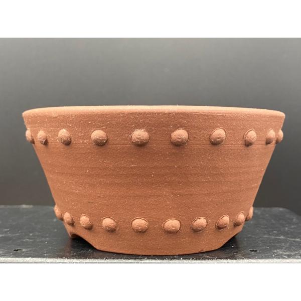 人気の美功鉢！松柏類におススメ！堀江美功 辰砂釉丸外縁三足鉢 2.5号(7cm)大きさ(外外) 口径110ｍｍ h55ｍｍ位落款 美功小品盆栽鉢