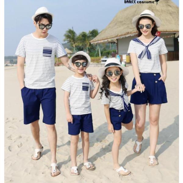 親子ペアルック ボーダーＴシャツ＋ショートパンツ上下セットアップ マリン風親子コーデ 親子お揃い 子供服 日常 海リゾート風カジュアル衣装 在