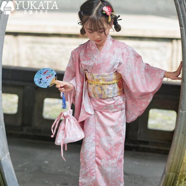 浴衣 キッズ 子供 8点セット 花柄 女の子 ピンク 白 キッズ浴衣 セット