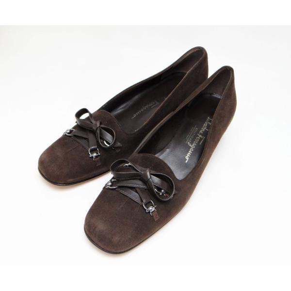 SalvatoreFerragamo フェラガモ ガンチーニ リボン スエード パンプス ローファー ブラウン 7 1/2（約25cm）＜USED＞