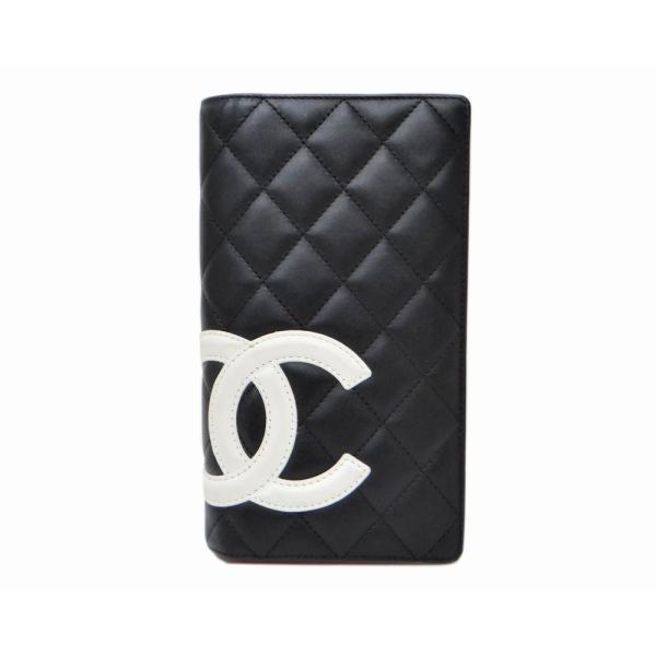 CHANEL シャネル カンボンライン 二つ折り長財布 カーフスキン ブラック×ホワイト＜USED＞