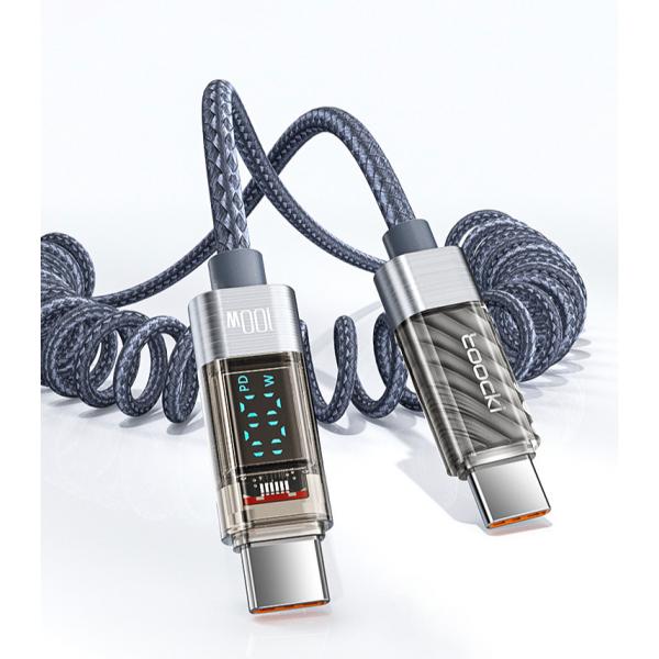 【BOEN】Type Cケーブル（1M）コイル型 伸びる【PD対応 100W/5A急速充電 /480Mbps /スクリーン表示 】 usb c 充電ケーブル 伸縮コード 高耐久ナイロン