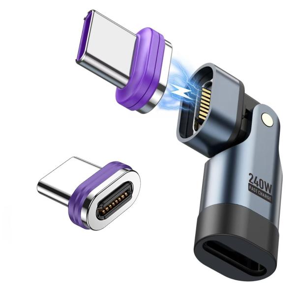 マグネット USB-C 変換アダプタ16Pin PD240W 180°回転 Type-C 変換アダプタ 480Mbps データ転送 5A急速充電 MacBook Air/Pro/Android/Phoneなど対応