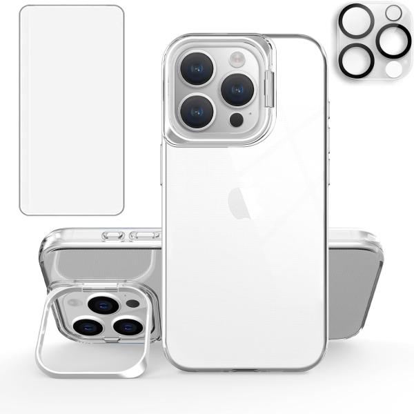 iPhone15 Pro用/iPhone15 Pro Max用 ケース + フィルム1枚+ カメラフィルム1枚 スタンド付き 耐衝撃 クリア ワイヤレス充電対応