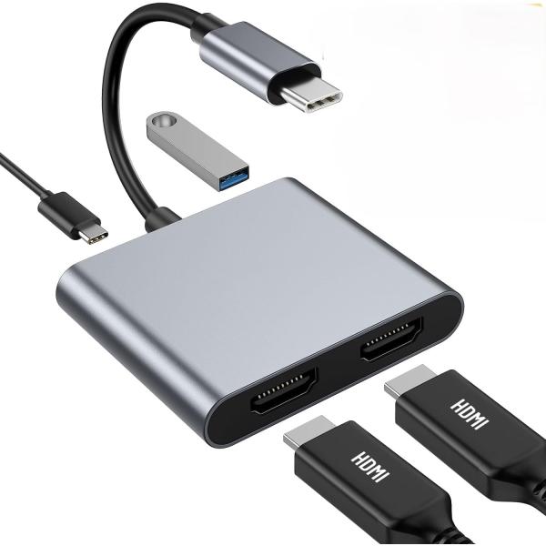 USB Type-C HDMI 変換アダプター デュアル マルチディスプレイアダプタ 3画面 4-in-1 4K対応2つのHDMI+USB3.0+USB-C PD充電