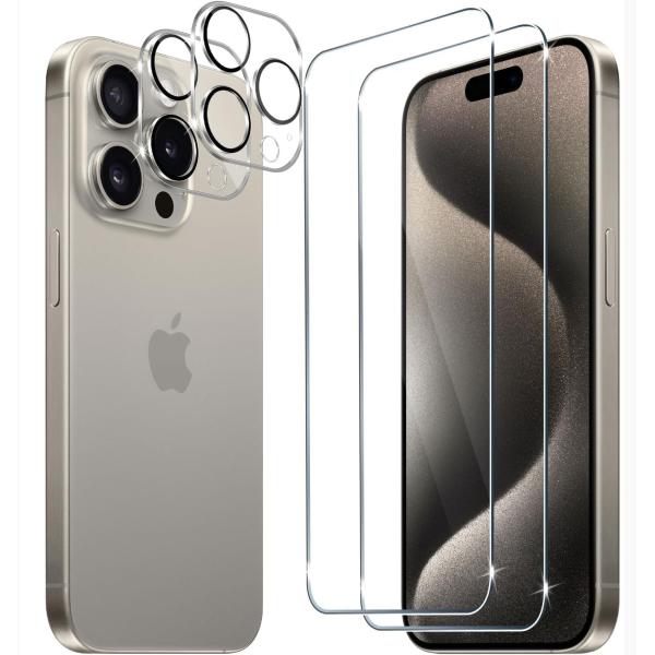 【4枚入り】 iPhone 15 Pro Max用 ガラスフィルム（2枚）+カメラフィルム（2枚）  保護フィルム+カメラレンズカバー フィルム強化ガラス硬度9H 飛散防止