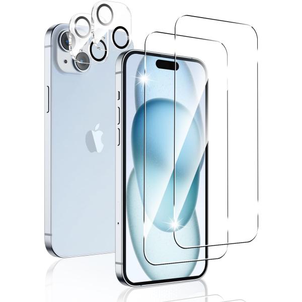 【2+2枚セット】iPhone15用（6.1インチ） フィルム カメラ保護 強化ガラス 液晶保護 全面保護 ガラスフィルム耐衝撃 飛散防止 高透過率