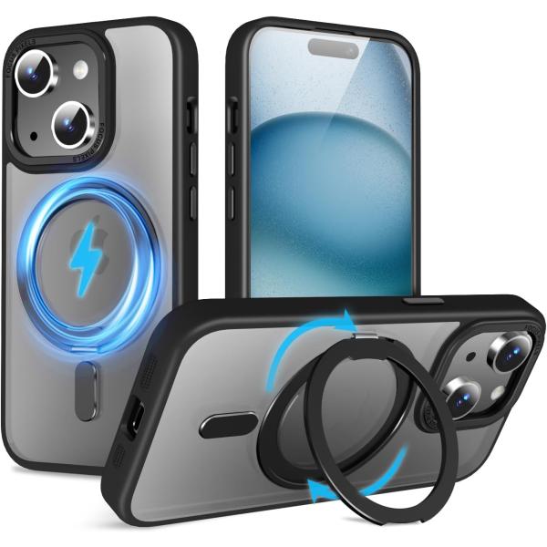 iPhone 15 Plus 用 ケース 縦横両対応 360°回転スタンドケース  Mag Safe対応 半透明　 ワイヤレス充電対応  防指紋 耐衝撃性  用ケース