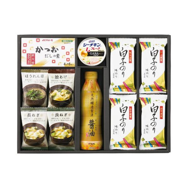 お湯を注ぐだけでできる本格的なお味噌汁に、和の食材、調味料をセット。■フリーズドライ味噌汁(油あげ7.2g・ほうれん草6.2g各1個・長ねぎ6.3g×2個)・伊賀越天然醸造醤油450ml×1本・白子のり味のり(8切5枚)4個・シーチキンLフ...