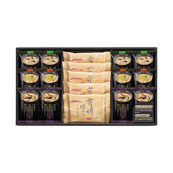 お湯を注ぐだけで本格的な味わいのマルコメフリーズドライ味噌汁と白子有明海産味のり詰合せです。■マルコメ京懐石(野菜・茄子・長ねぎ各4個)・白子有明味のり(8切8枚)5個■箱サイズ:47.2×26.3×5.9cm【用途】引出物 結婚祝 出産祝...