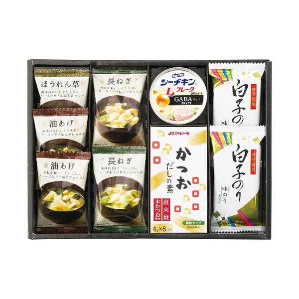 お湯を注ぐだけでできる本格的なお味噌汁に、和の食材、調味をセット。■フリーズドライ味噌汁(油あげ7.2g・長ねぎ6.3g各2個・ほうれん草6.2g×1個)・マルトモかつおだしの素(4g×6個)1個・白子のり味のり(8切5枚)2個・シーチキン...