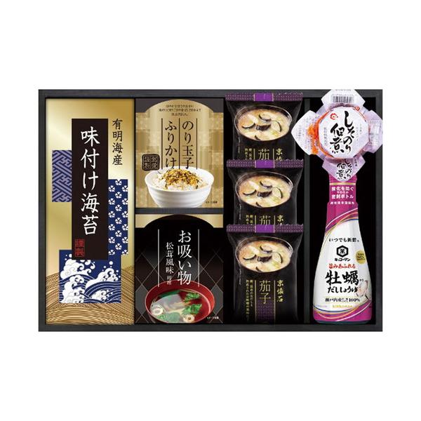 使いやすい卓上サイズのキッコーマン牡蠣だししょうゆとご飯のお供の詰合せです。■マルコメ京懐石茄子のおみそ汁11.5g×3袋・有明海産味付海苔(3切6枚)・のり玉子ふりかけ(4.5g×2袋)・永谷園お吸いもの松茸風味(2.3g×4袋)各1個・...