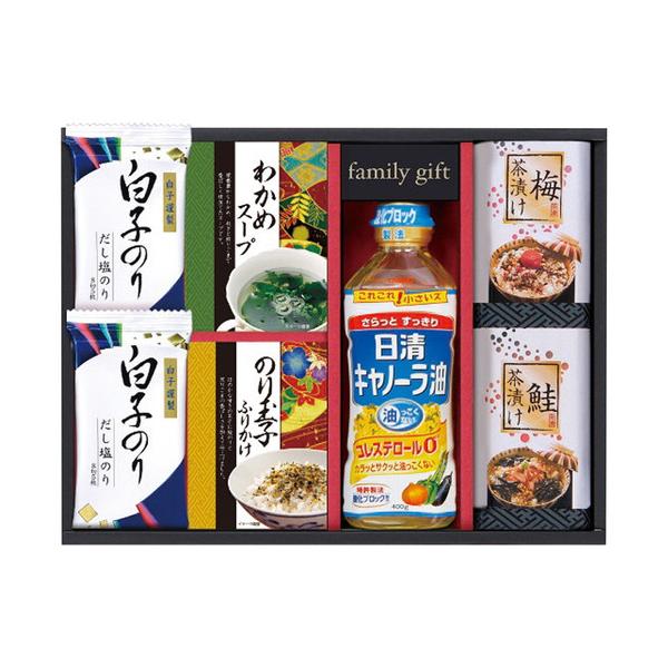 毎日の料理に使える手軽で便利な調味料とご飯のお供のセットです。■白子だし塩のり(8切5枚)2袋・わかめスープ(5.3g×2袋)・のり玉子ふりかけ(4.5g×2袋)・梅茶漬け(4.3g×2袋)・鮭茶漬け(4.7g×2袋)各1個・日清キャノーラ...