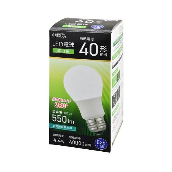 OHM オーム電機　ＬＥＤ電球（40形相当/昼白色/550 lm/4.4W/E26/Ra83/全方向配光280°/密閉形器具対応） LDA4N-G AG59