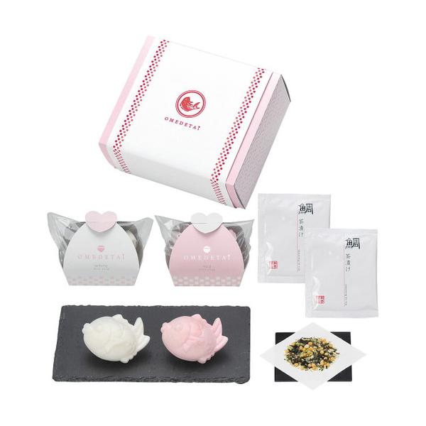 かわいらしい紅白の鯛最中の中に「赤みそ」「白みそ」の2種類のお味噌汁を詰めました。鯛の身が入った鯛茶漬けをセットにしたおめでたいづくしの贈り物です。■みそ汁最中(赤みそ・白みそ)×各1、鯛茶漬け6g×2■箱サイズ:17×14.4×7.6【用...