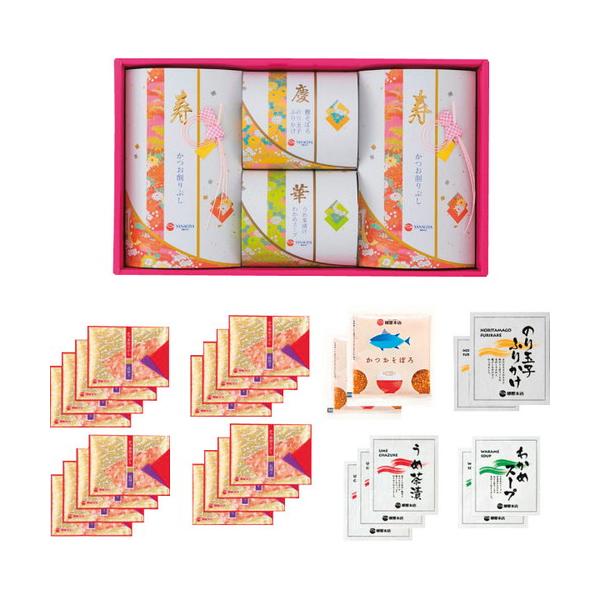 包装・のし掛けができる、花結びシリーズ。「花削り」をメインに、5種の豊富なバリエーション。白をベースに友禅柄のパッケージが喜ばれています。■花削り3g×8袋×2、鰹そぼろ5g×2、のり玉子ふりかけ4.5g×2、うめ茶漬4.3g×3、わかめス...