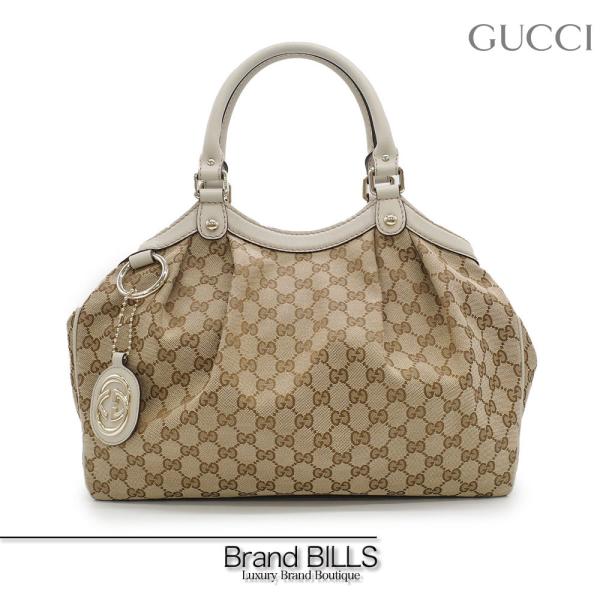 GUCCI グッチ Gゴールド金具 トートバッグ キャンバス×レザー ホワイト系
