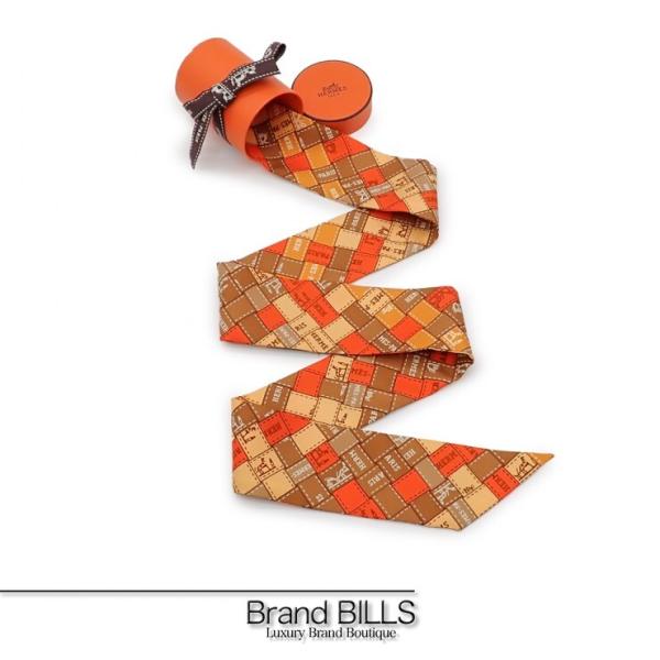 箱あり 美品 エルメス ツイリー ボルデュック リボン オレンジ×ブラウン 定番 HERMES（エルメス） 美品 ツイリー リボンスカーフ ボルデュック