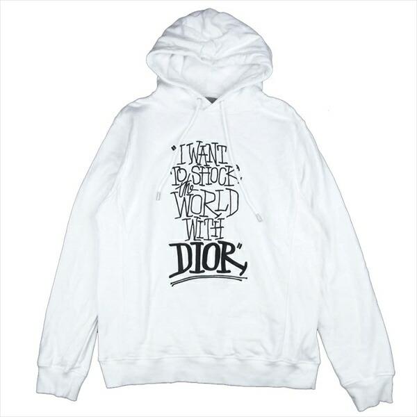 ディオールオム DIOR HOMME 国内正規品 ショーンステューシー Shawn Stussy 033J646A0531 メッセージ 刺繍 プルオーバー パーカー ホワイト系 L 【中古】