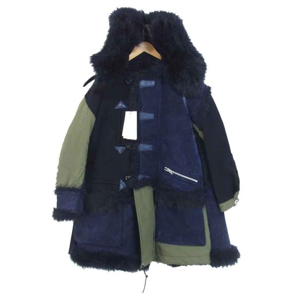 Sacai サカイ 18AW 18-01815M ドッキング ファー コート フード レザー ロング カーキ×ネイビー系 1【中古】 Sacai サカイ 18AW 18-01815M ドッキング ファー コート フード レザー ロング カーキ×ネイビー系 1【中古】