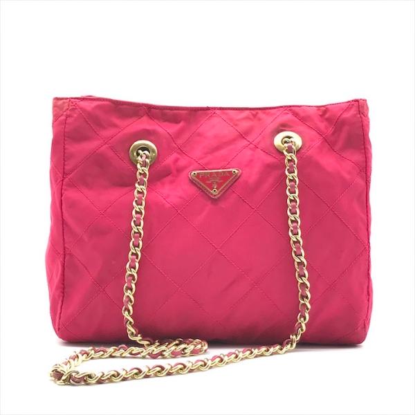 PRADA プラダ 三角ロゴ プレート テスート ナイロン キルティング チェーン トート バッグ ピンク k5026 PRADA プラダ 三角ロゴ プレート テスート ナイロン キルティング