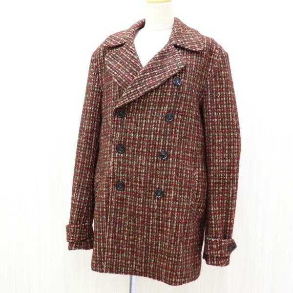 K0392 即決 メーカー再生品 本物 正規品 Montedoro モンテドーロ Pコート ツイード 48 アウター 6341 混 アルパカ ワインレッド モヘア