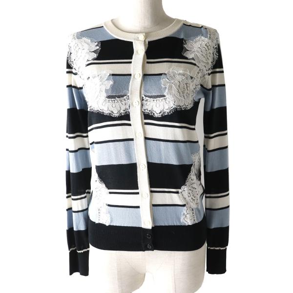 未使用品ドルチェ＆ガッバーナ 定価20790円 シルク 黒タグ ボーダー柄 レース使い 長袖 カーディガン 黒 白 青 36 正規品 レディース 未使用品ドルチェ＆ガッバーナ 定価20790円 シルク 黒タグ ボーダー柄