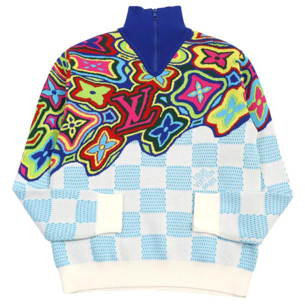 未使用品 ルイヴィトン 21SS ディストーテッド モノグラムダミエハーフジップセーター/ニット マルチカラー 総柄 S 伊製 正規品 メンズ LOUIS VUITTON（ルイ・ヴィトン） 未使用品 21SS ディストーテッド