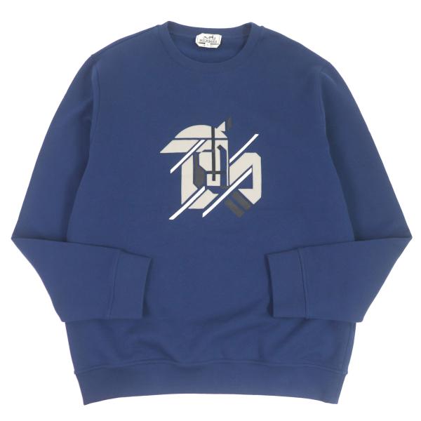 未使用品□HERMES エルメス 23SS シュヴォー・アン・シンメトリー ホース ラムレザーパッチ スウェット ブルー XL イタリア製 正規品 HERMES（エルメス） 未使用品□HERMES 23SS シュヴォー・アン