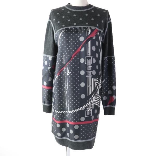 極美品☆エルメス Clic Clac a Pois クリック クラック シルク カシミヤ ツイルレーヌ 長袖 ワンピース グレー 34 イタリア製 正規品 HERMES（エルメス） 極美品☆エルメス Clic Clac a Pois クリック