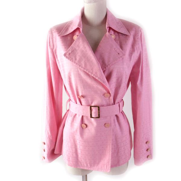 極美品★レオナール ファッション 0351454 シルク混 総ロゴデザイン ベルト付 ダブルブレスト ジャケット ピンク 11R 日本製 正規品 LEONARD（レオナール） 極美品☆レオナール ファッション 0351454