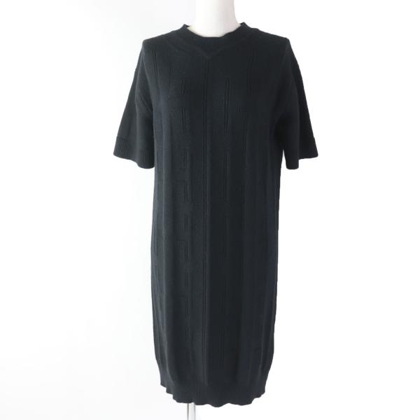 極美品☆HERMES エルメス 2020年製 ウール100％ Ｈ柄 膝丈 クルーネック 半袖ニット ワンピース ブラック 34 伊製 正規品 レディース HERMES（エルメス） 極美品☆HERMES 2020年製 ウール100％ H柄 膝丈