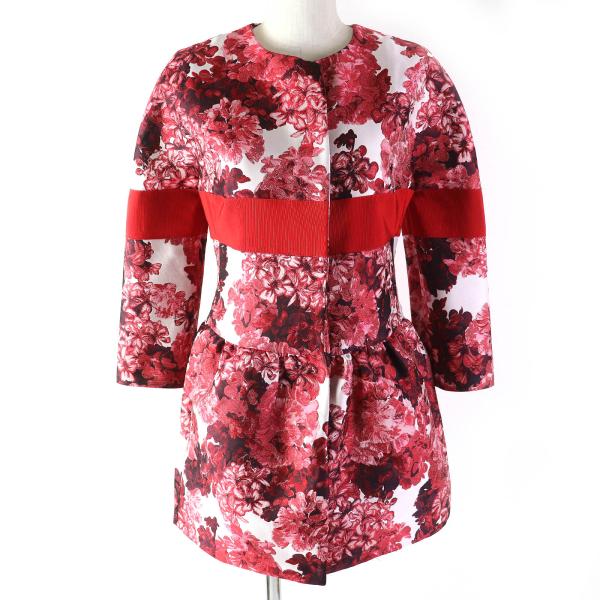 未使用品△モンクレール ガムルージュ SOPHE 裏地シルク100％ ロゴ金具 フラワージャガード 七分袖 ノーカラージャケット 赤系 0 正規品 未使用品△モンクレール ガムルージュ SOPHE 裏地シルク100％ ロゴ金具