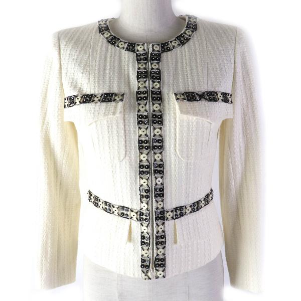 CHANEL - 美品△CHANEL シャネル 03P P23760 コットン リネン ココマークスモチーフ ビーズ付き ジップアップ ノーカラージャケット オフホワイト ブラック 34 フランス製 レディース CHANEL（シャネル） 美品△シャネル 03P P23760 コットン リネン ココ