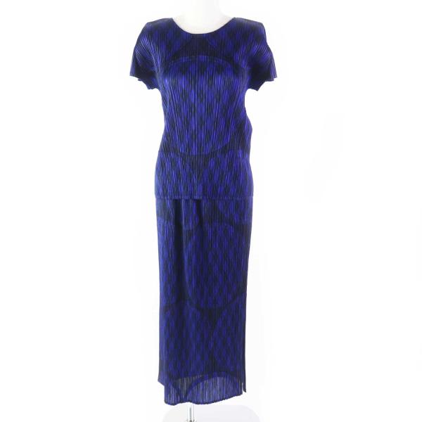 極美品◎プリーツプリーズ イッセイミヤケ PP43-JK901 PP43-JG904 総柄 カットソー／ロングスカート セットアップ 青 黒 4／4 正規品 brand-td-store_00016024