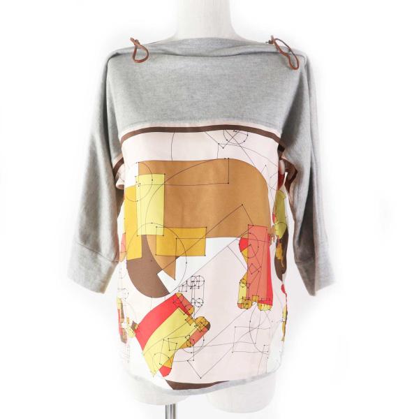 美品◎HERMES エルメス ECHEC AU ROI チェックメイト シルク コットン 袖ZIPデザイン ツイルレーヌ カットソー グレー マルチ 34 正規品 HERMES（エルメス） 美品◎HERMES ECHEC AU ROI チェックメイト シルク