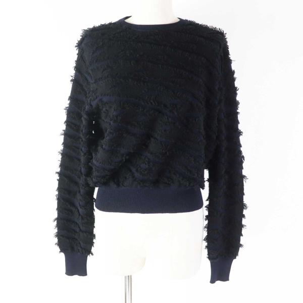 極美品◎DRAWER ドゥロワー 6513-106-0866 ウール カシミヤ ミンクパッチ フリンジクルー 長袖ニット 黒 紺 約M 正規品 定価126500円 極美品◎DRAWER ドゥロワー 6513-106-0866 ウール カシミヤ ミンク