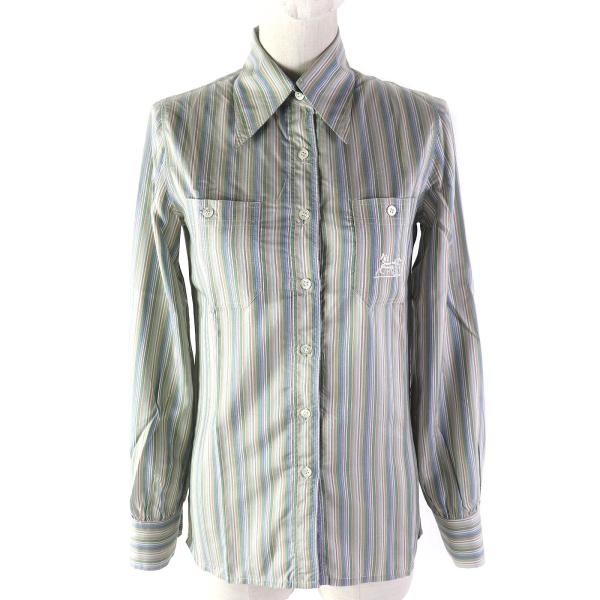 未使用品△CELINE セリーヌ シルク100％ レア オールドセリーヌ 馬車刺繍 ストライプ柄 長袖シャツ マルチカラー　38 正規品 レディース CELINE（セリーヌ） 未使用品△CELINE シルク100％ レア オールド