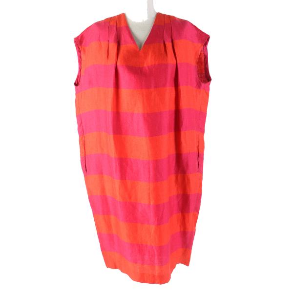 美品△ドゥロワー 6526-299-0997 シルク混 ワイドボーダー Vネック ノースリーブ ワンピース ピンク オレンジ 36 正規品 レディース 美品△ドゥロワー 6526-299-0997 シルク混 ワイドボーダー Vネック