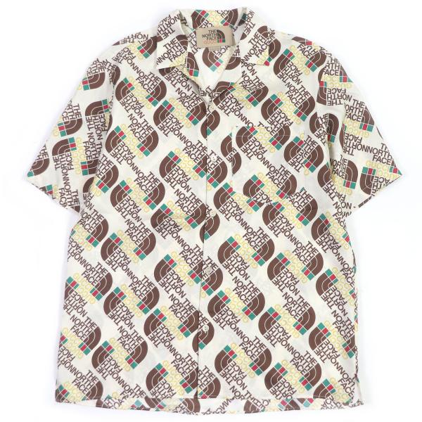 グッチ × ザ ノースフェイス オープンカラーシャツ アロハシャツ サイズ50 654766 ベージュ ブラウン シルク メンズ GUCCI 【中古】 極美品□GUCCI グッチ THE NORTH FACE 654766 シルク100% ロゴ総柄