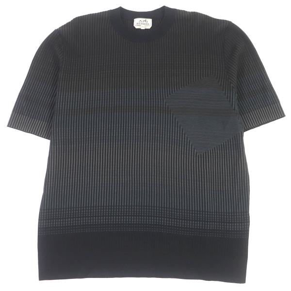 HERMES エルメスコットン100％ 半袖ニットブラックレイタリア製 HERMES（エルメス） 未使用品□HERMES 2023年製 コットン ストライプ